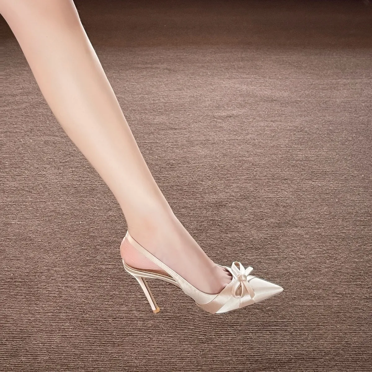 Champagne Bow High Heels for Women - Elegant Satin Stiletto Wedding Shoes, Bridesmaid Heels, Daughter Style Formal Pumps showcase 5