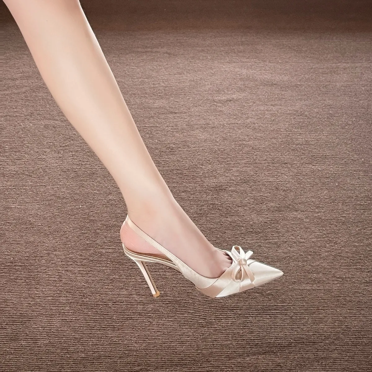 Champagne Bow High Heels for Women - Elegant Satin Stiletto Wedding Shoes, Bridesmaid Heels, Daughter Style Formal Pumps thumbnail 6