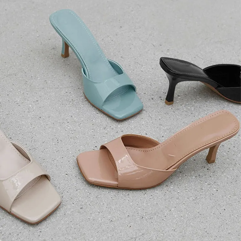 Women's Patent Leather High Heel Sandals - 2023 Summer British Style Square Heel Slippers - Plus Size Comfortable Fashion thumbnail 4