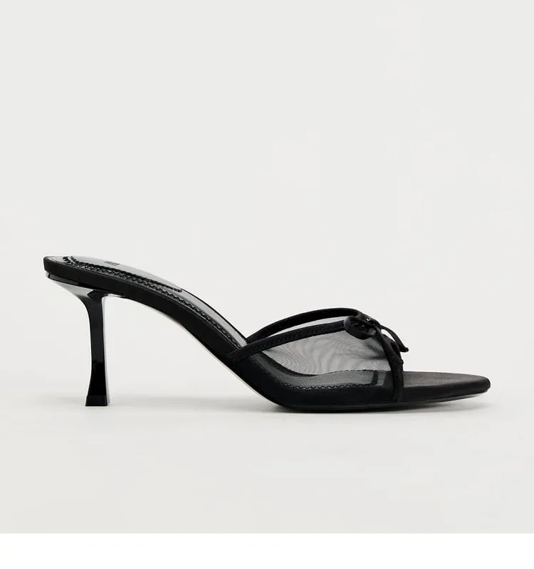 Women's Black Bow High Heels Sandals - Summer Open Toe Stiletto Heel Half Slippers - Elegant Outer Wear Shoes for Ladies showcase 7