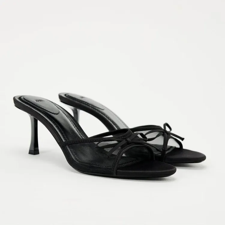 Women's Black Bow High Heels Sandals - Summer Open Toe Stiletto Heel Half Slippers - Elegant Outer Wear Shoes for Ladies thumbnail 1