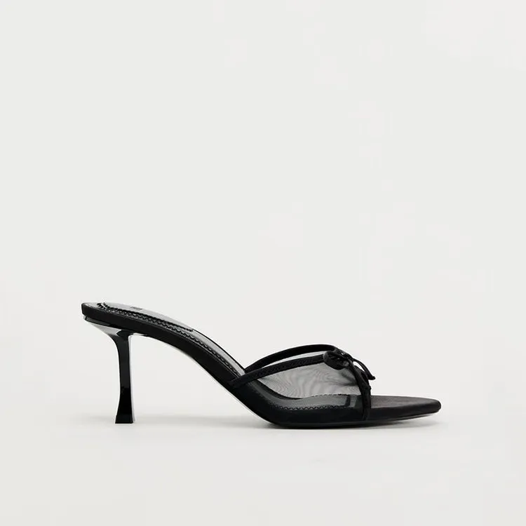 Women's Black Bow High Heels Sandals - Summer Open Toe Stiletto Heel Half Slippers - Elegant Outer Wear Shoes for Ladies showcase 6