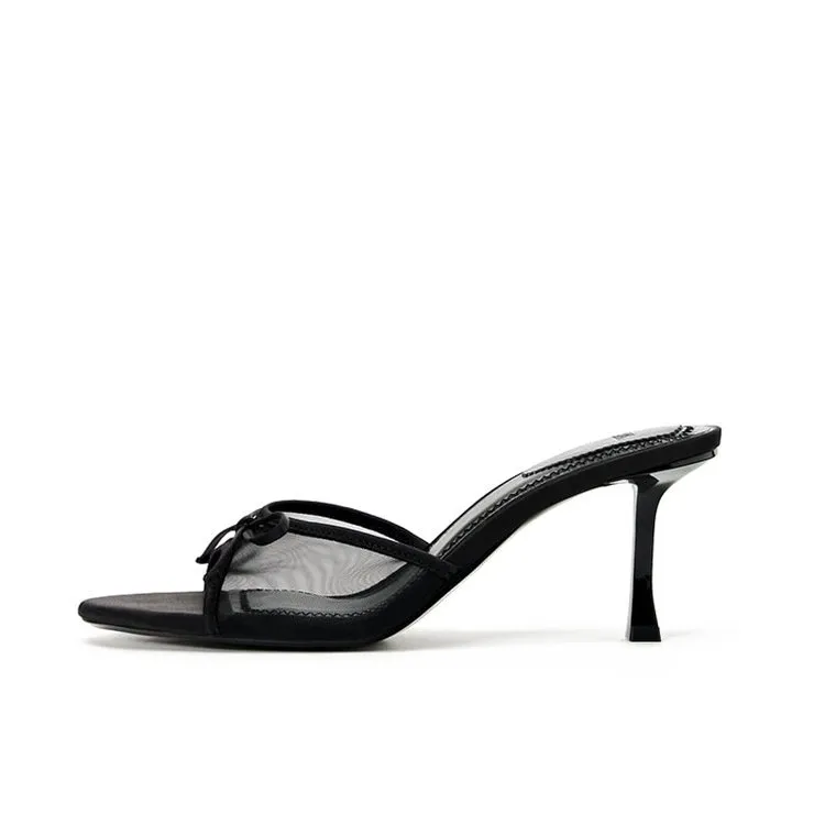 Women's Black Bow High Heels Sandals - Summer Open Toe Stiletto Heel Half Slippers - Elegant Outer Wear Shoes for Ladies showcase 4
