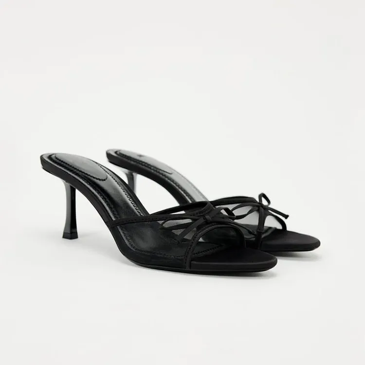 Women's Black Bow High Heels Sandals - Summer Open Toe Stiletto Heel Half Slippers - Elegant Outer Wear Shoes for Ladies showcase 2