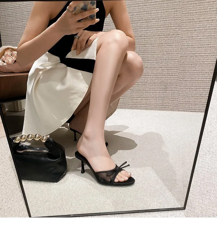 Women's Black Bow High Heels Sandals - Summer Open Toe Stiletto Heel Half Slippers - Elegant Outer Wear Shoes for Ladies showcase 14