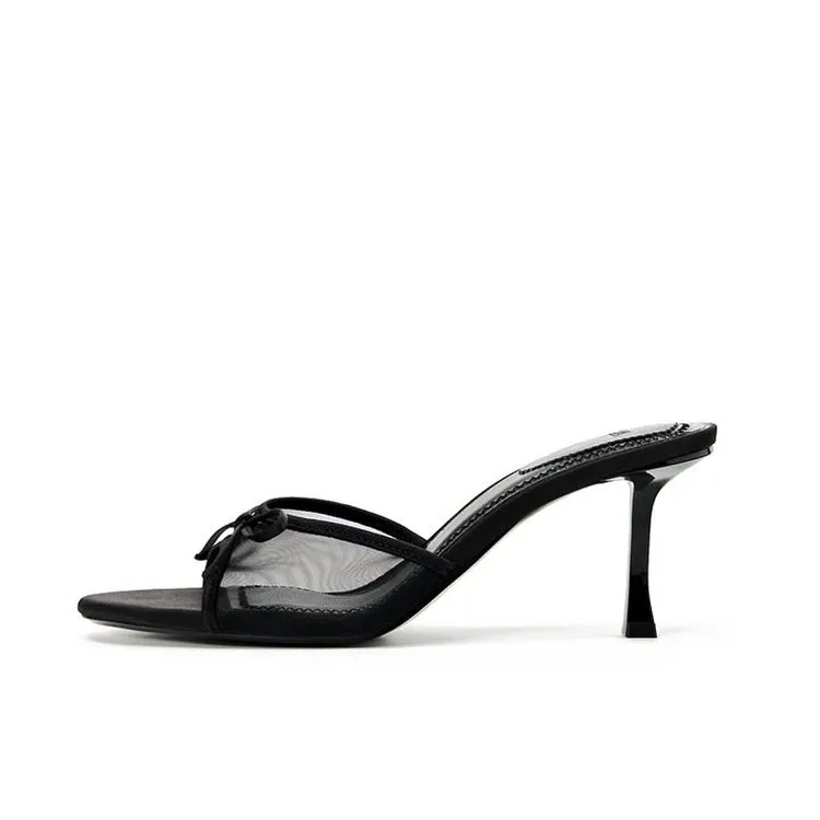 Women's Black Bow High Heels Sandals - Summer Open Toe Stiletto Heel Half Slippers - Elegant Outer Wear Shoes for Ladies thumbnail 5