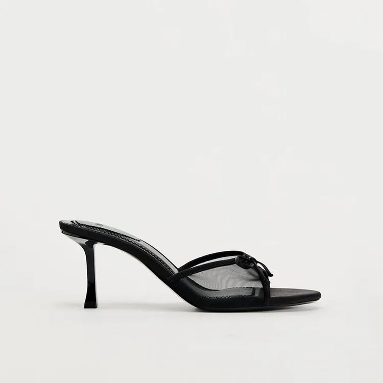 Women's Black Bow High Heels Sandals - Summer Open Toe Stiletto Heel Half Slippers - Elegant Outer Wear Shoes for Ladies thumbnail 2