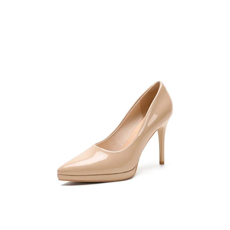Women's Nude High Heels Soft Leather Stiletto Shoes - Waterproof Platform, Red Sole, Patent Leather, Pointed Toe, Sexy Party Dress Shoes showcase 17