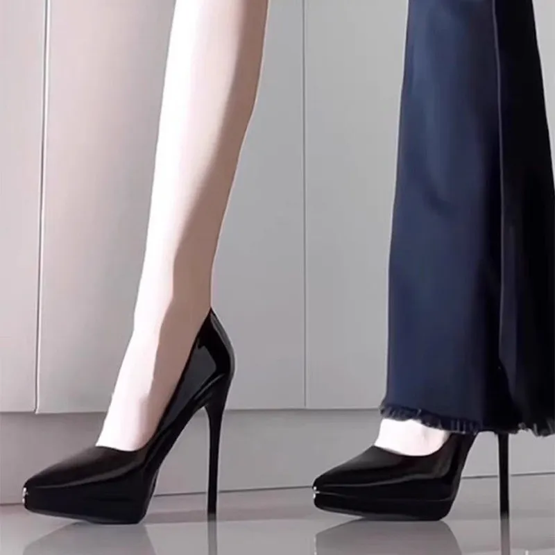 Women's Nude High Heels Soft Leather Stiletto Shoes - Waterproof Platform, Red Sole, Patent Leather, Pointed Toe, Sexy Party Dress Shoes showcase 14