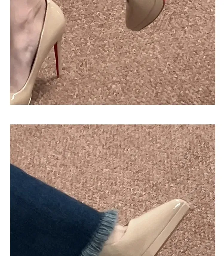 Women's Nude High Heels Soft Leather Stiletto Shoes - Waterproof Platform, Red Sole, Patent Leather, Pointed Toe, Sexy Party Dress Shoes showcase 9