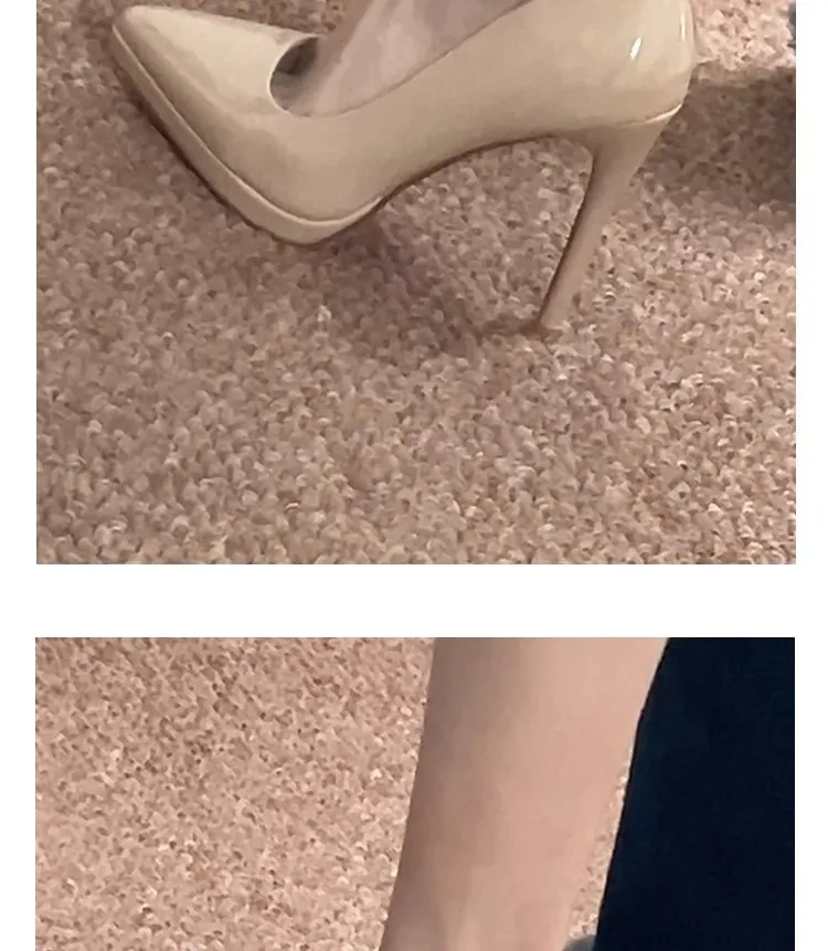 Women's Nude High Heels Soft Leather Stiletto Shoes - Waterproof Platform, Red Sole, Patent Leather, Pointed Toe, Sexy Party Dress Shoes showcase 11