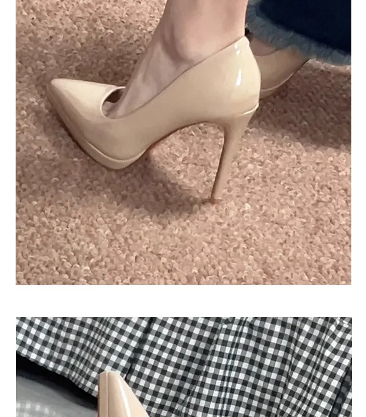 Women's Nude High Heels Soft Leather Stiletto Shoes - Waterproof Platform, Red Sole, Patent Leather, Pointed Toe, Sexy Party Dress Shoes showcase 12