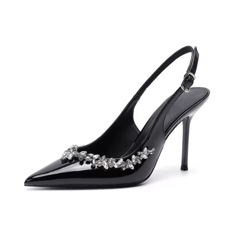 Elegant Black Patent Leather High Heels for Women - Pointed Toe Stiletto Sandals with Rhinestone Detail - French Style Spring Shoes 2025 thumbnail 5