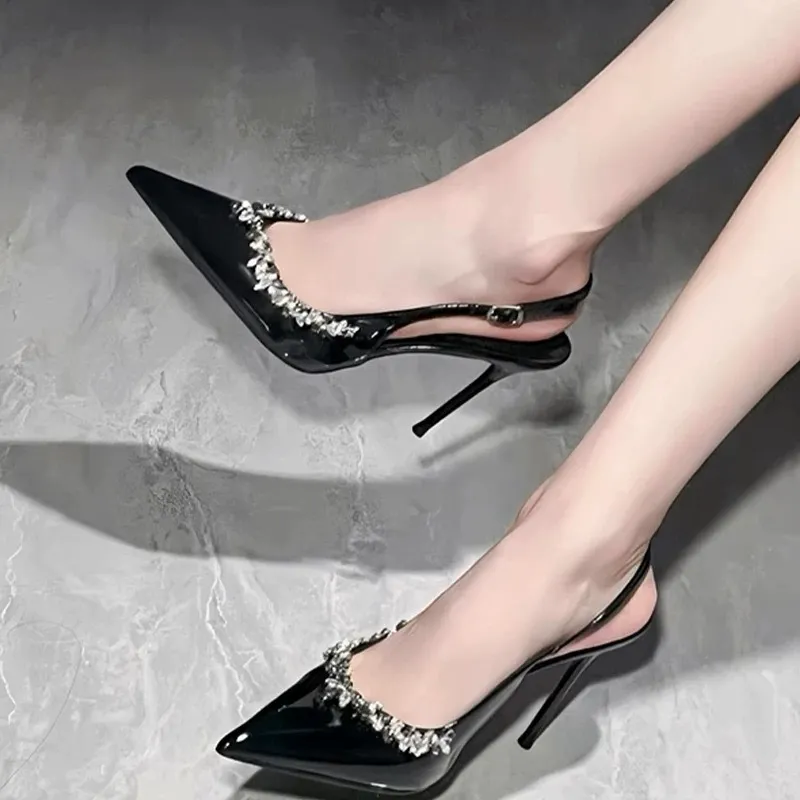 Elegant Black Patent Leather High Heels for Women - Pointed Toe Stiletto Sandals with Rhinestone Detail - French Style Spring Shoes 2025 thumbnail 2