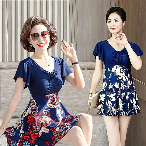 Women's One-Piece Swimsuit - Plus Size Conservative Slimming Printed Korean Style Bathing Suit for Beach, Hot Springs, and Swimming Pools