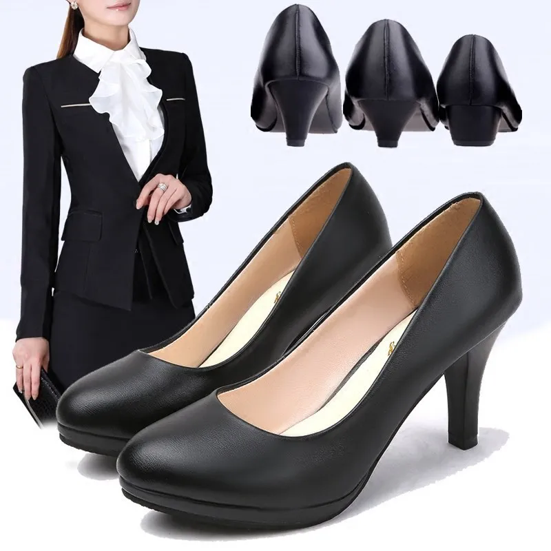 Women's Black Leather Work Shoes Comfortable Mid-Heel Professional Interview Formal Dress Shoes Spring Single Shoes thumbnail 1