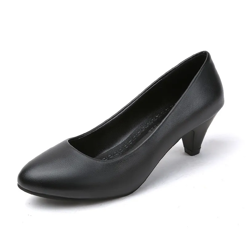 Women's Black Leather Work Shoes Comfortable Mid-Heel Professional Interview Formal Dress Shoes Spring Single Shoes thumbnail 5
