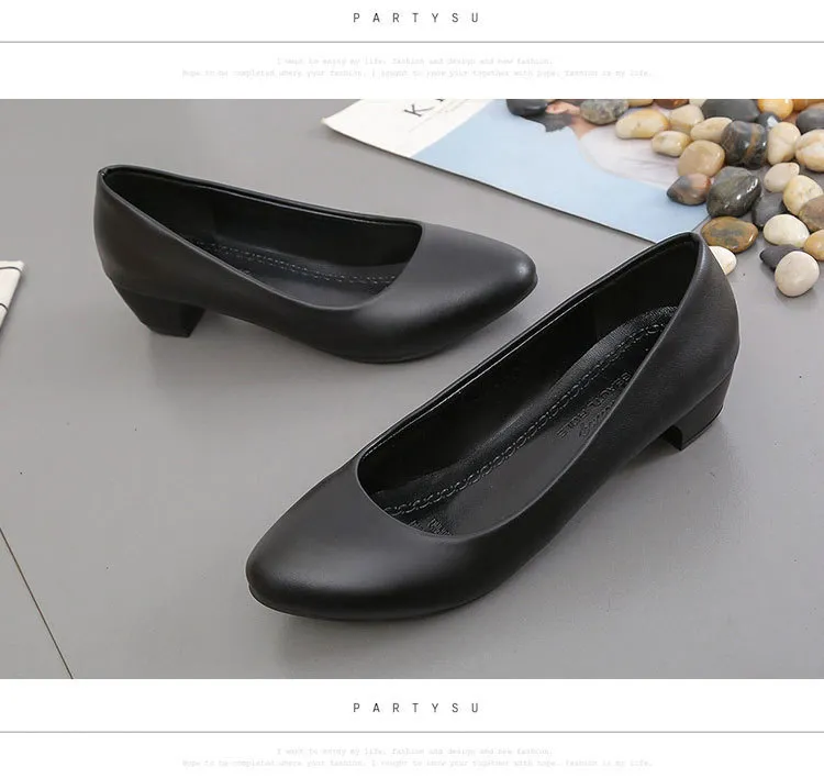 Women's Black Leather Work Shoes Comfortable Mid-Heel Professional Interview Formal Dress Shoes Spring Single Shoes showcase 20