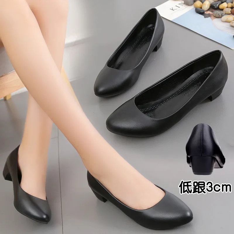 Women's Black Leather Work Shoes Comfortable Mid-Heel Professional Interview Formal Dress Shoes Spring Single Shoes thumbnail 3