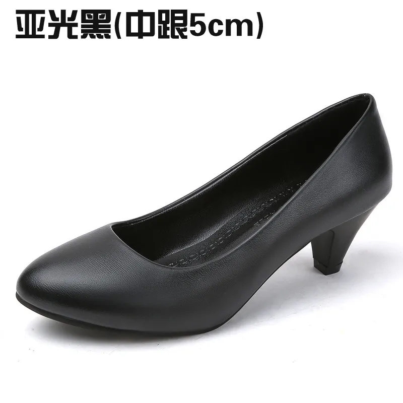 Women's Black Leather Work Shoes Comfortable Mid-Heel Professional Interview Formal Dress Shoes Spring Single Shoes thumbnail 10