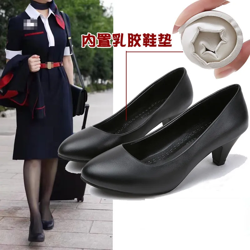 Women's Black Leather Work Shoes Comfortable Mid-Heel Professional Interview Formal Dress Shoes Spring Single Shoes showcase 6