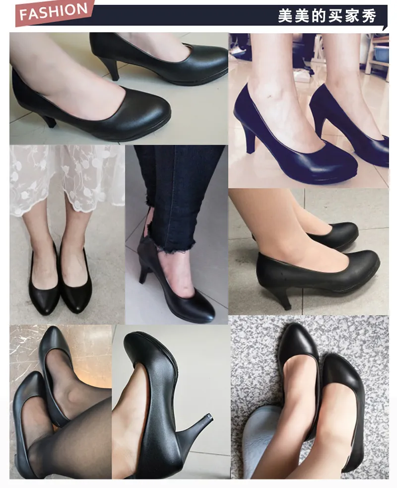 Women's Black Leather Work Shoes Comfortable Mid-Heel Professional Interview Formal Dress Shoes Spring Single Shoes showcase 5