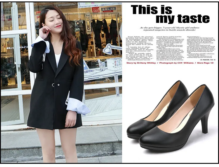 Women's Black Leather Work Shoes Comfortable Mid-Heel Professional Interview Formal Dress Shoes Spring Single Shoes showcase 14