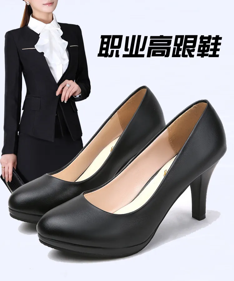 Women's Black Leather Work Shoes Comfortable Mid-Heel Professional Interview Formal Dress Shoes Spring Single Shoes showcase 10