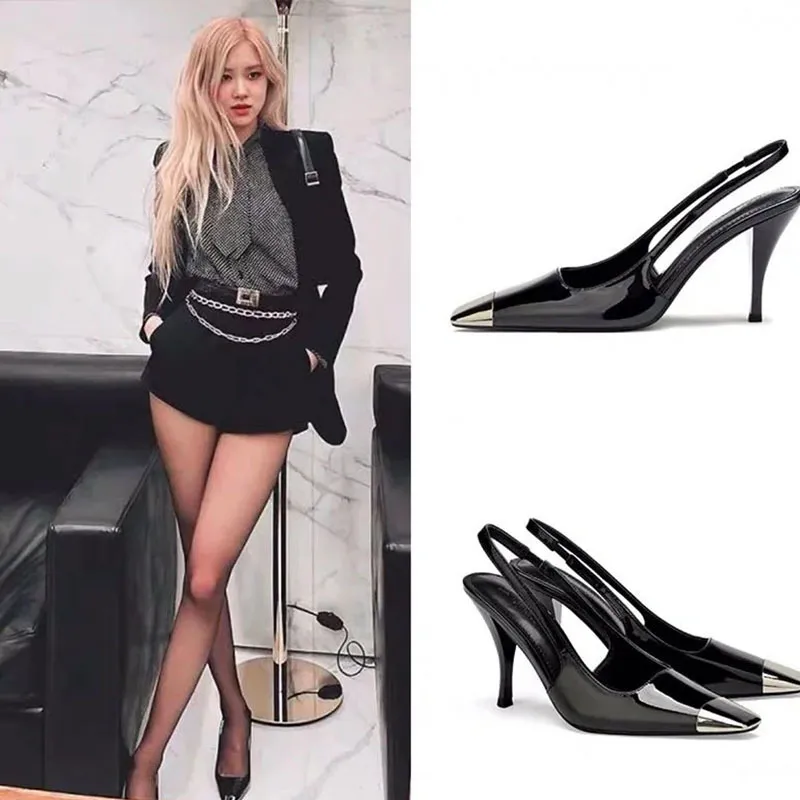 Rose Park Chae-Young's Same Style High Heels, Exclusively Available for Cross-Border Sales in 2023, Metal Square-Toe Single-Strap Closed-Toe Sandals with Back Straps thumbnail 1