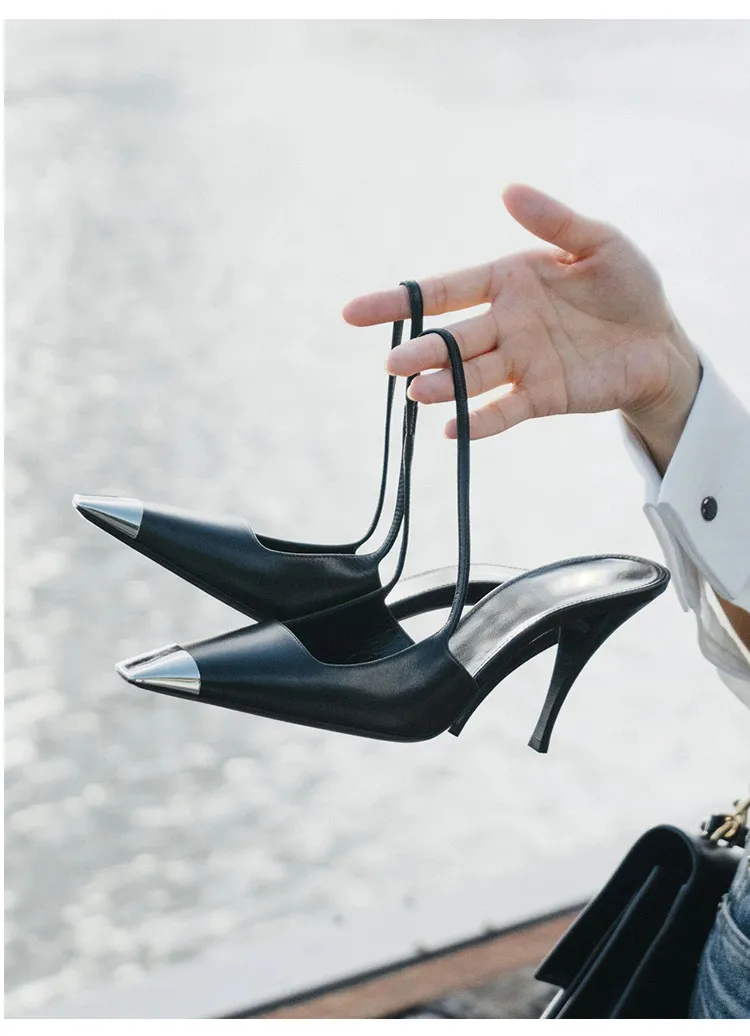 Rose Park Chae-Young's Same Style High Heels, Exclusively Available for Cross-Border Sales in 2023, Metal Square-Toe Single-Strap Closed-Toe Sandals with Back Straps thumbnail 7