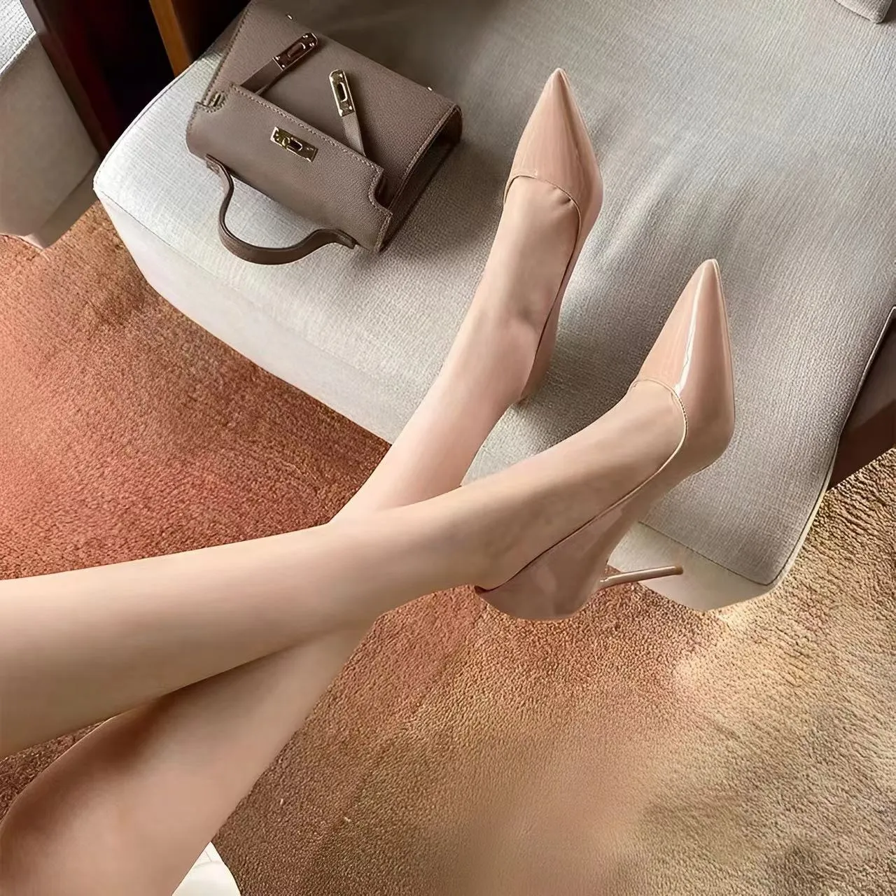 Elegant Nude Leather High Heels for Women - Pointed Toe Stiletto Heel - New 2024 Spring/Autumn/Winter Black Single Layer Shoes thumbnail 4