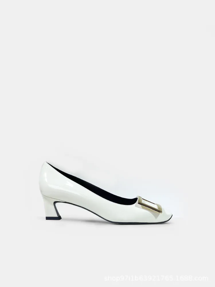 Women's Patent Leather High Heels - Square Buckle Chunky Heel Court Shoes - Elegant Office & Commuting Footwear - Spring Fashion 2026 thumbnail 8