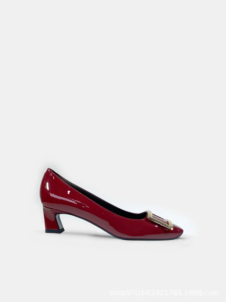 Women's Patent Leather High Heels - Square Buckle Chunky Heel Court Shoes - Elegant Office & Commuting Footwear - Spring Fashion 2026 thumbnail 10