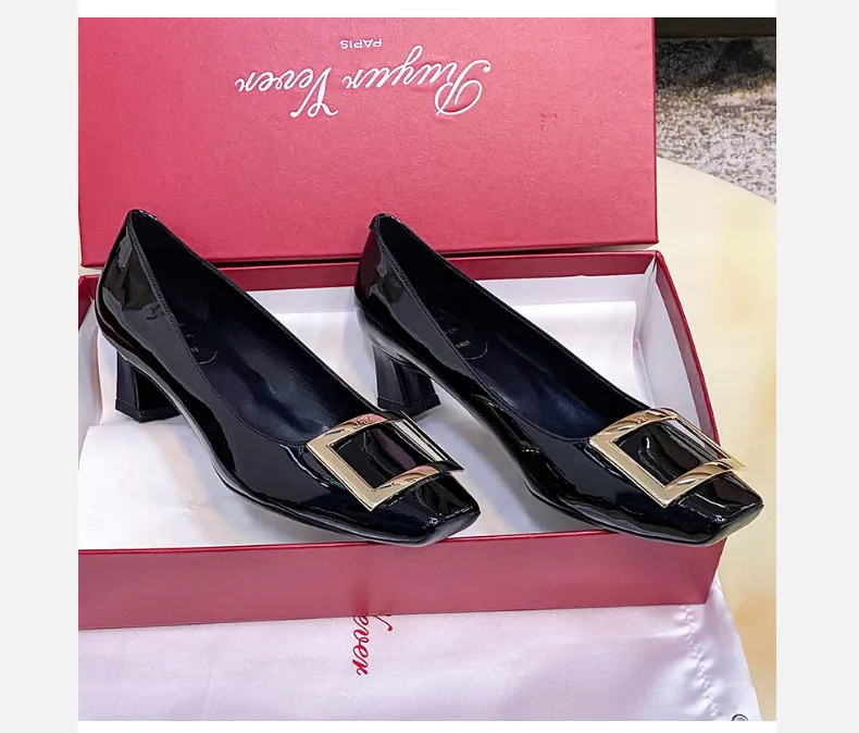 Women's Patent Leather High Heels - Square Buckle Chunky Heel Court Shoes - Elegant Office & Commuting Footwear - Spring Fashion 2026 showcase 16