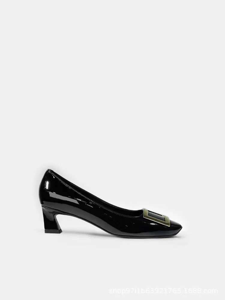 Women's Patent Leather High Heels - Square Buckle Chunky Heel Court Shoes - Elegant Office & Commuting Footwear - Spring Fashion 2026 thumbnail 6