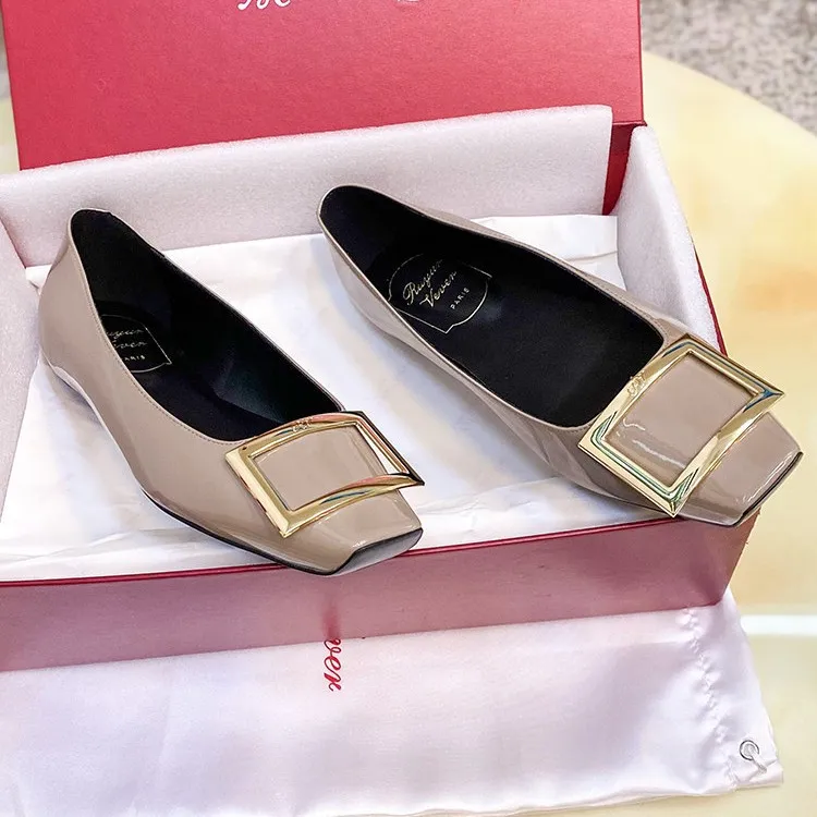 Women's Genuine Leather Flat Shoes with Square Buckle - Handmade High-End Classic Loafers, Comfortable High Heels, Factory Direct Sale thumbnail 1