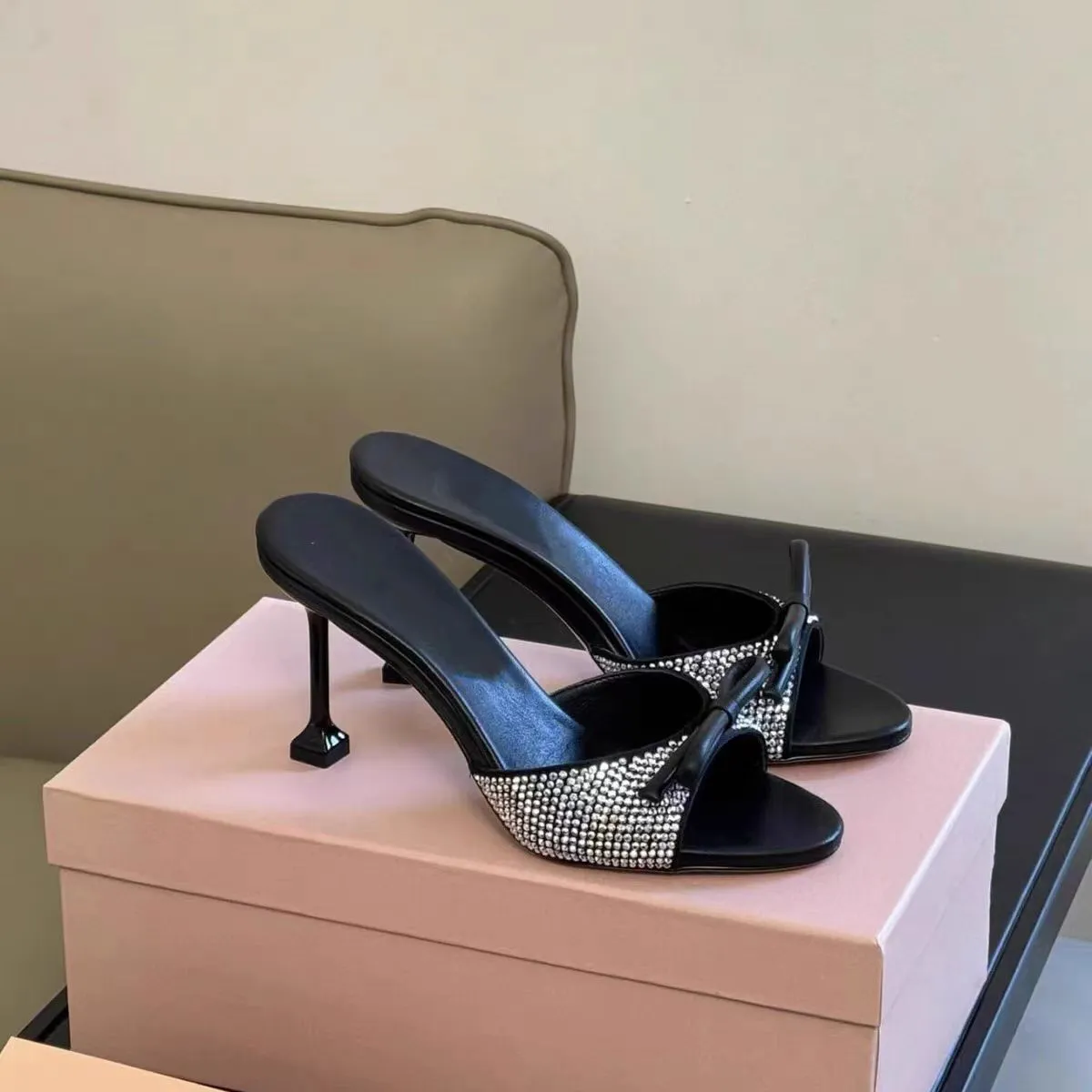 Elegant Women's Black Bowknot Rhinestone Slip-On Sandals - Summer High Heels, Round Toe Open Toe Fashionable Dress Shoes for Parties & Events thumbnail 2