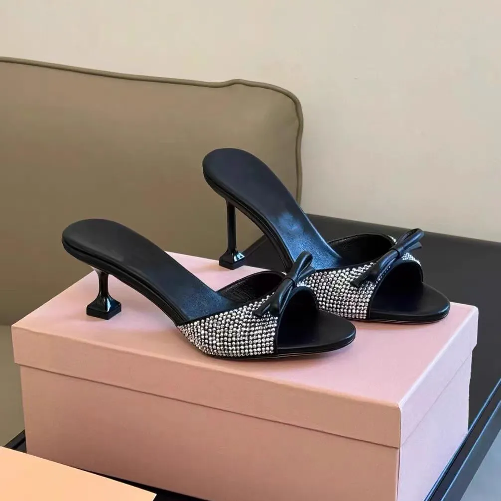 Elegant Women's Black Bowknot Rhinestone Slip-On Sandals - Summer High Heels, Round Toe Open Toe Fashionable Dress Shoes for Parties & Events thumbnail 3