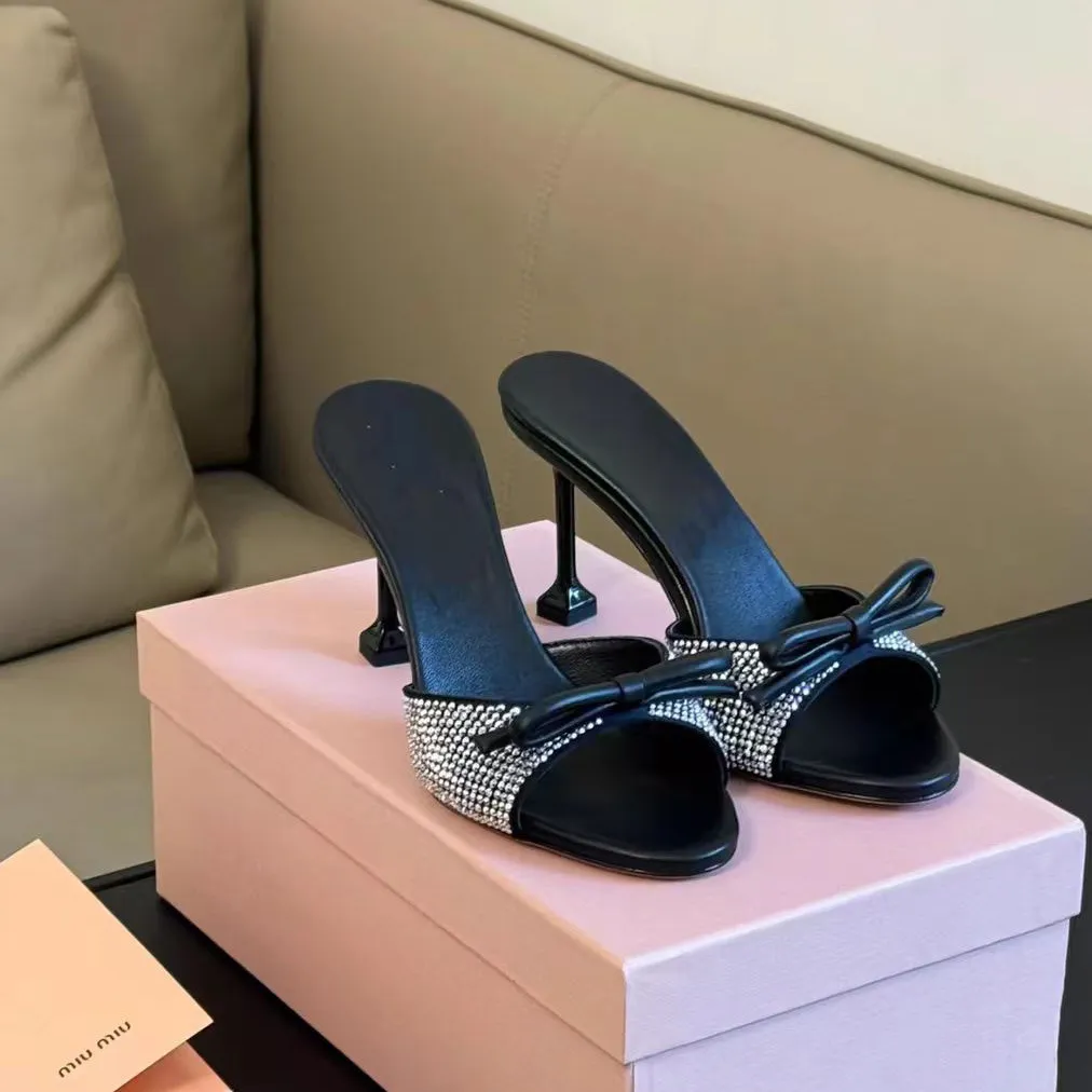 Elegant Women's Black Bowknot Rhinestone Slip-On Sandals - Summer High Heels, Round Toe Open Toe Fashionable Dress Shoes for Parties & Events showcase 6