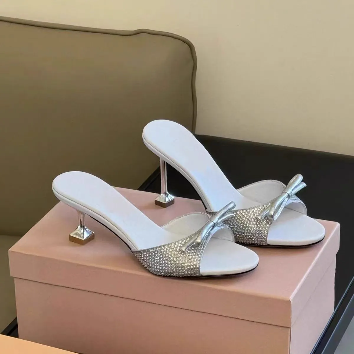 Elegant Women's Black Bowknot Rhinestone Slip-On Sandals - Summer High Heels, Round Toe Open Toe Fashionable Dress Shoes for Parties & Events thumbnail 4