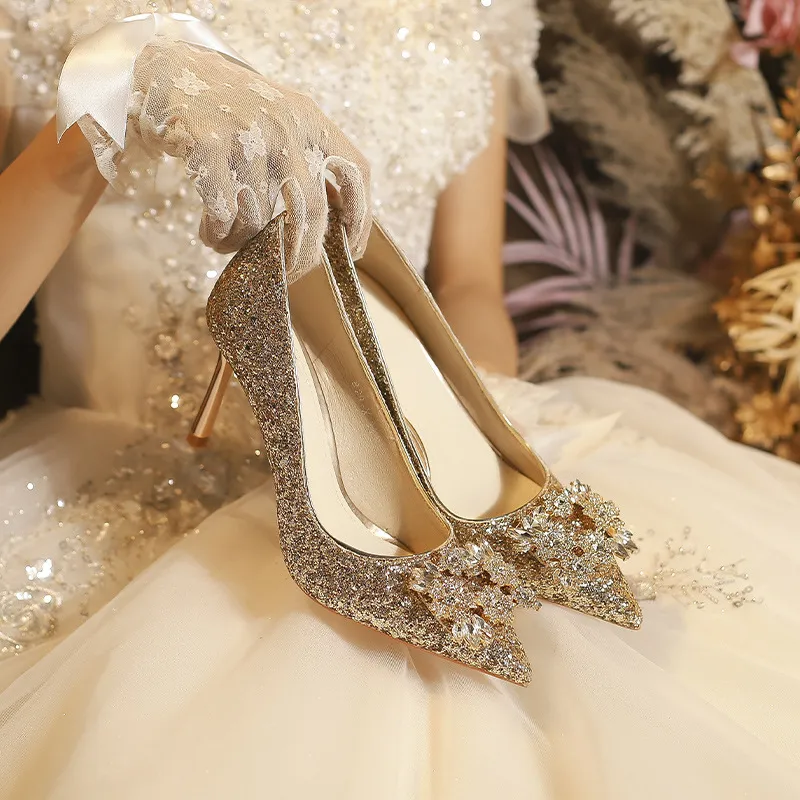 Champagne Gold Crystal Wedding Shoes for Women - Elegant High Heels, Bride & Bridesmaid Shoes, Engagement & Special Occasion Footwear thumbnail 1