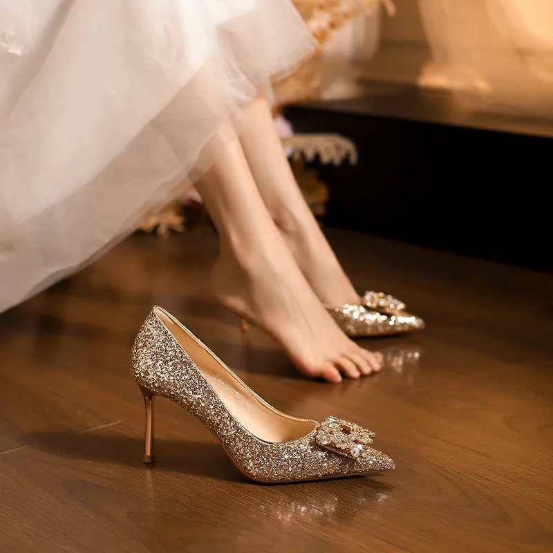 Champagne Gold Crystal Wedding Shoes for Women - Elegant High Heels, Bride & Bridesmaid Shoes, Engagement & Special Occasion Footwear thumbnail 3