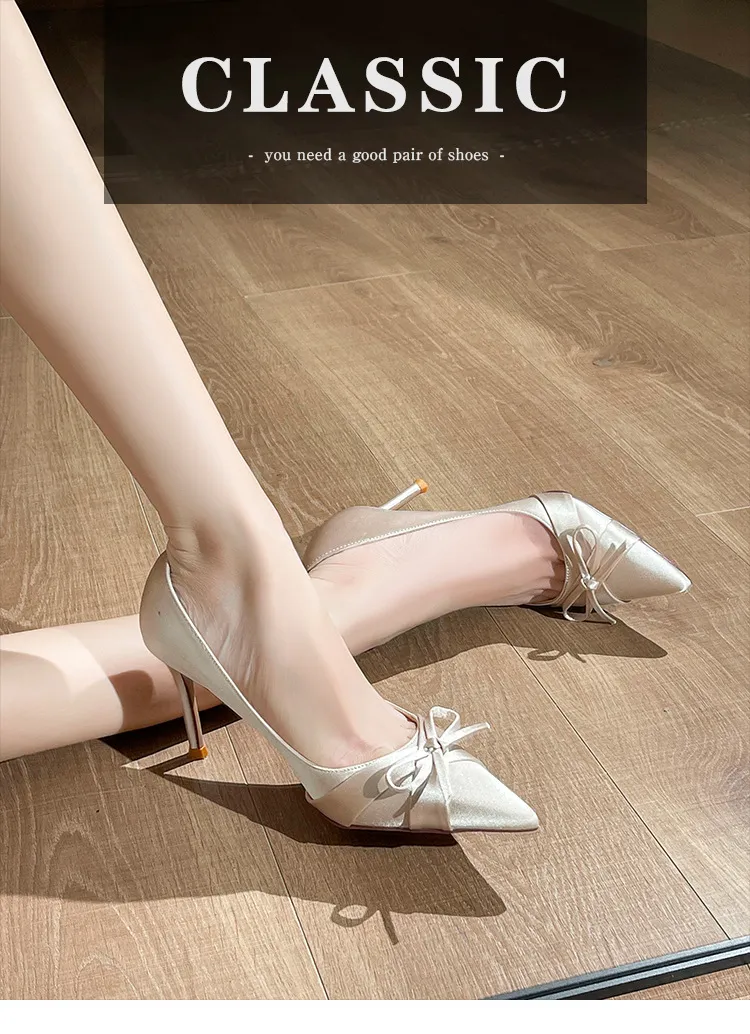 Women's Satin Stiletto High Heels Elegant Party Dress Shoes Pointed Toe Pumps with Bowknot Wholesale showcase 2