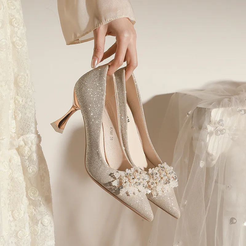 Women's Champagne Wedding Shoes Pointed High Heel Bridal Dress Pumps Plus Size 40-43 Elegant Formal Occasion Footwear thumbnail 1