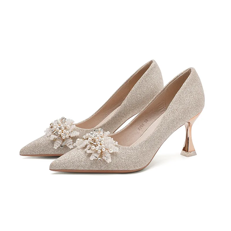 Women's Champagne Wedding Shoes Pointed High Heel Bridal Dress Pumps Plus Size 40-43 Elegant Formal Occasion Footwear thumbnail 5