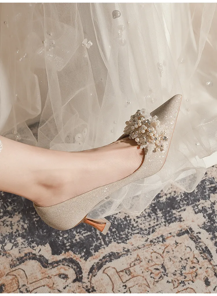 Women's Champagne Wedding Shoes Pointed High Heel Bridal Dress Pumps Plus Size 40-43 Elegant Formal Occasion Footwear showcase 14