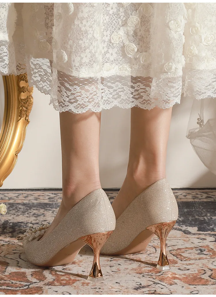 Women's Champagne Wedding Shoes Pointed High Heel Bridal Dress Pumps Plus Size 40-43 Elegant Formal Occasion Footwear showcase 16