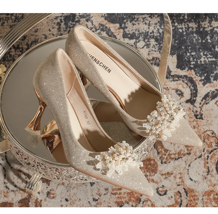 Women's Champagne Wedding Shoes Pointed High Heel Bridal Dress Pumps Plus Size 40-43 Elegant Formal Occasion Footwear showcase 4