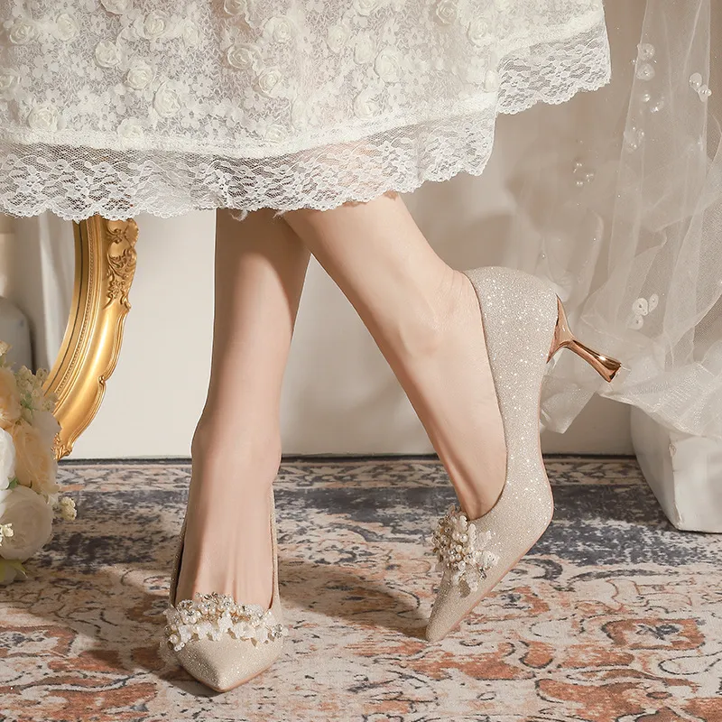 Women's Champagne Wedding Shoes Pointed High Heel Bridal Dress Pumps Plus Size 40-43 Elegant Formal Occasion Footwear thumbnail 4