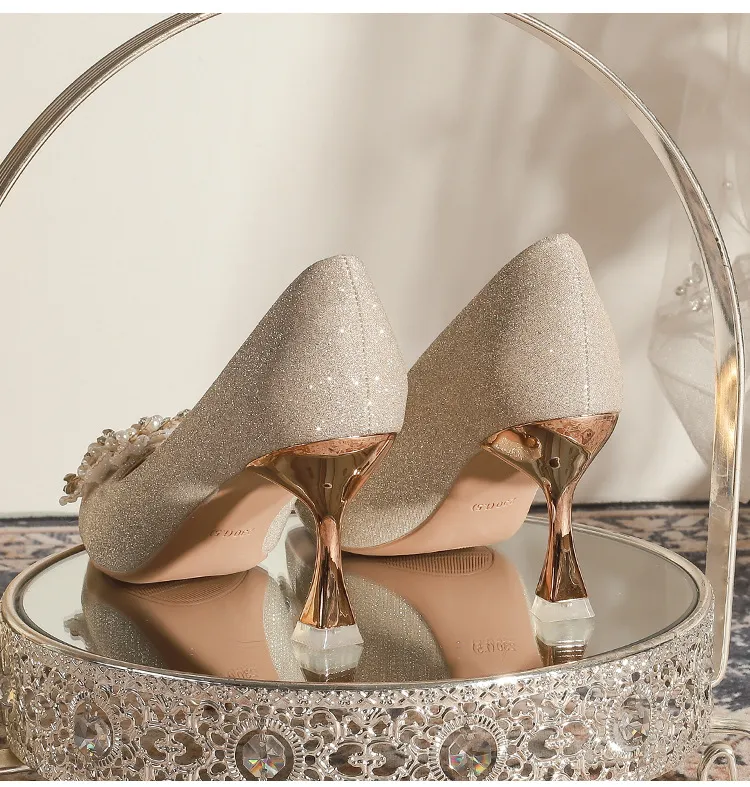 Women's Champagne Wedding Shoes Pointed High Heel Bridal Dress Pumps Plus Size 40-43 Elegant Formal Occasion Footwear showcase 20